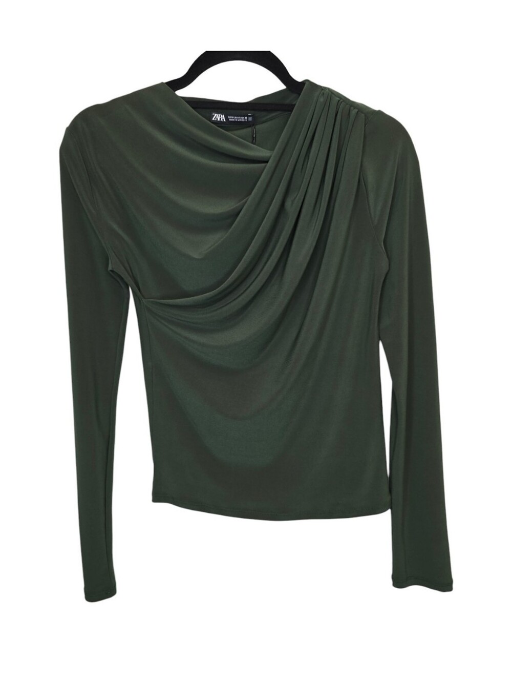 NWT Zara Women's S Olive Green Asymmetric Draped Long Sleeve Top